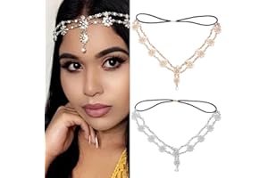 NICENEEDED Flower Head Chain, Indian Gold Headband, Boho Vintage Rhinestone Hair Chains Elastic Silver Floral Pearl Layered Jewelry Forehead Headpieces for Wedding Prom Women Girls Party 2PCS