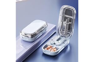 POUWAY Pill Cutter for Small Pills, Adjustable Multiple Pills Splitter with Centering Device, Split into 1/2 1/3 1/4, Portable Pill Cutter with Storage Box, Easy to Carry for Going Out (Blue, 1/2+1/4)