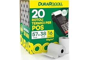 EUROCALI 20 Rotoli Carta per POS 57x38 Rotolini Termici DuraRoooll - Rulli Carta Termica 16m Compatibile con Nexi SumUp Pax Axerve Ingenico Smart POS - Rullini per Scontrini Ricevute Bancomat Carte di Credito