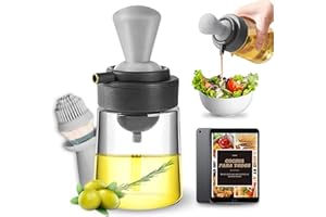 CAVECA Aceitera Dispensador de Aceite con Brocha Silicona + Regalo, AHORRA ACEITE con Aceitera Cristal 350ml, Dosificador 3 en 1, Aceitero con Dispensador Aceite, Difusor de Aceite para Cocina.