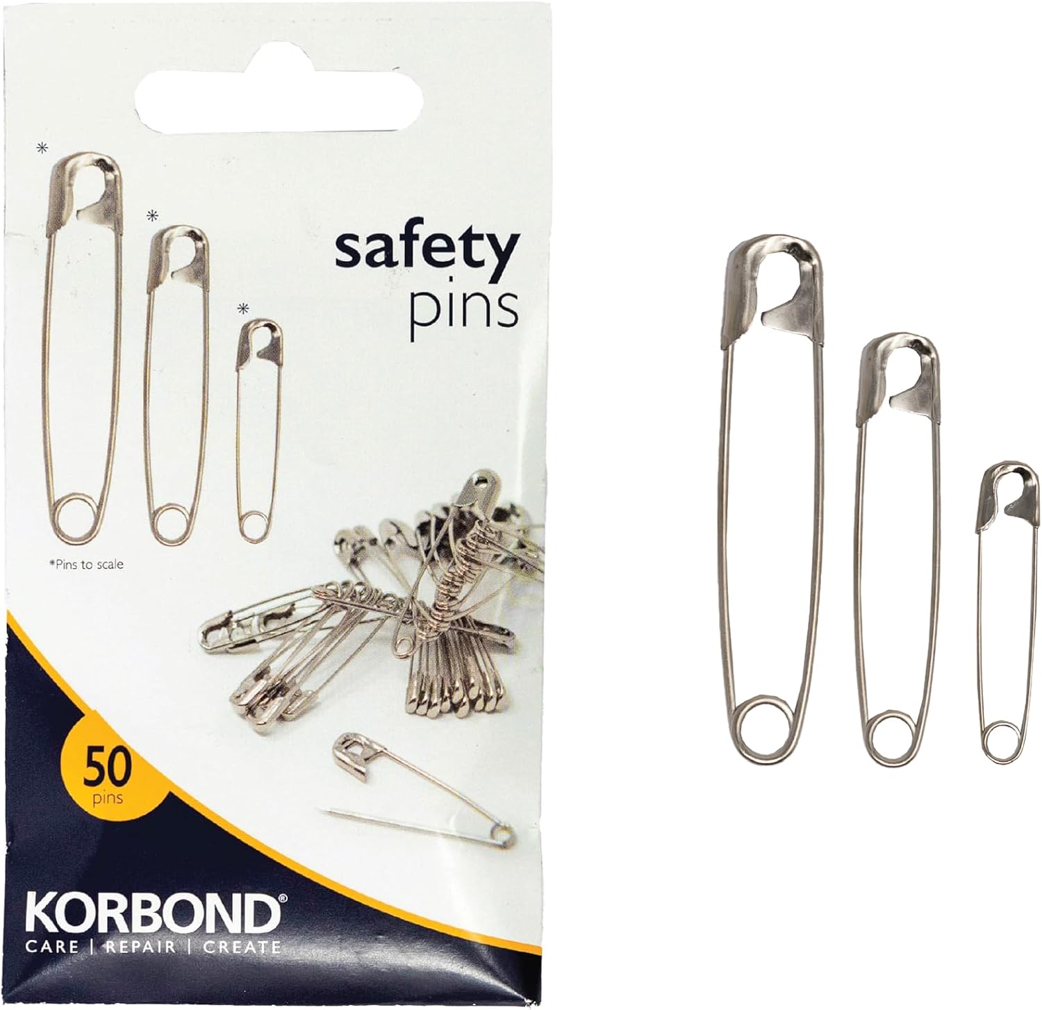 Korbond Silver Safety Pins - 50 Pieces; Professional Grade, Sharp Point, Heavy Duty, Nickel – Crafting, Sewing, Pinning, Fabrics, Saree, Sari; 3 Sizes: Small 20x27mm, Medium 20x38mm, Large 10x45mm