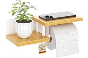 ElbFuchs® Porte Papier Toilette Mural en Bois de Bambou [sans PERCAGE] | Derouleur Papier Toilette de Haute qualité avec étagères | Blanc | Porte Rouleaux de Papier Toilette