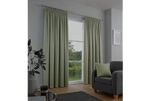 Fusion Sage Green Pencil Pleat Curtains – W229 x L183cm – 2 Panels – 100% Cotton – Thermal & Soundproof Drapes – Light Green Bedroom Window Furnishing