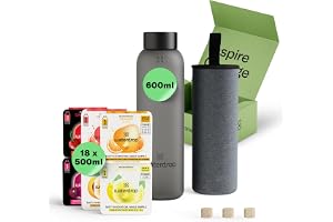 waterdrop® Startset i glas – 600 ml flaska i borosilikatglas + 18 sockerfria Microdrink-hydreringskuber i 6 smaker, berikade med vitamin C och B, BPA-fri vattenflaska, presentset
