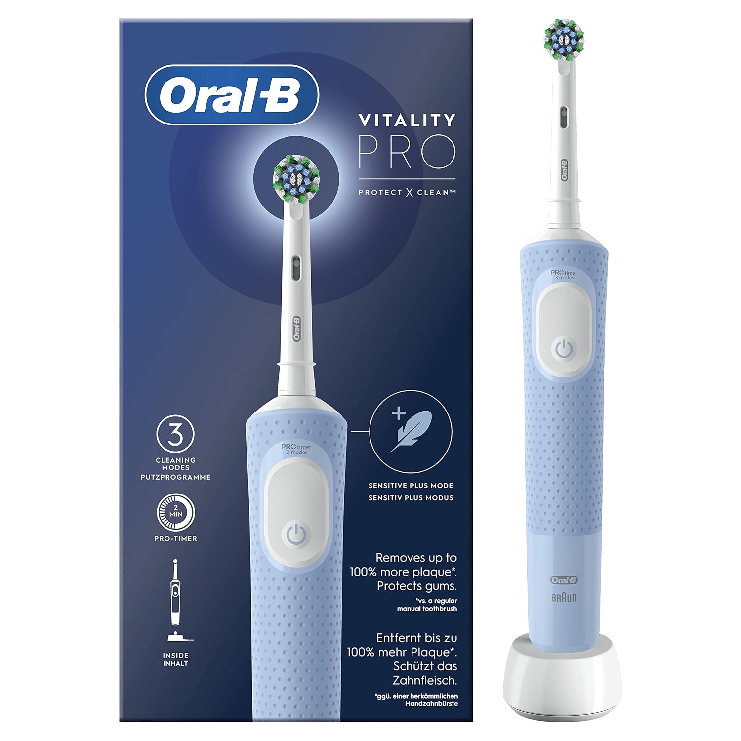 Oral-B Spazzolino Elettrico Vitality Pro, Blu, 1 Testina | Ricaricabile, Testina di Ricambio per Spazzolino Elettrico, 3 Modalità di Spazzolamento, Pulizia Denti Efficace, Idea Regalo