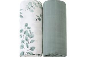LEBZE LifeTree Manta Muselina, Manta Verano Bebé 120x120 cm, Súper Suave Mantas Envolventes de Muselina Recien Nacido, 70% Bambú & 30% Algodón, Eucalipto Plantas & Verde Romano