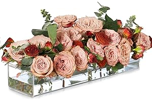 BOFUNX 40x10x6,5cm Jarrón Flores Rectangular de Acrílico 16 Agujeros 40CM Florero Transparente Vase Largo Decorativo Moderno para Arreglo Floral Decoración Hogar Centro de Mesa para Bodas Fiestas