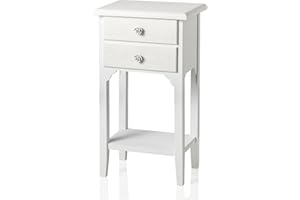 Baroni Home Comodino in Stile Shabby Chic Bianco con Due cassetti e Un ripiano, Comodino in Legno MDF Decorato con pomelli a Rosa in Resina. Dimensioni: 37x26x70 cm