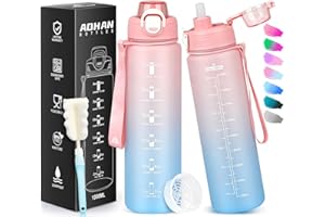 AOHAN Sportowa butelka na napoje, 1 l, butelka na wodę z tritanu, nie zawiera BPA, szczelna, ze słomką, butelka sportowa z filtrem i znacznikami czasu, do fitnessu, jazdy na rowerze, szkoły, biura i