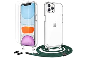 Anshow Handykette für iPhone 13 Pro Hülle mit Band + 2 Schutzfolie, Robust Necklace Extrem Stoßfest Handyhülle iPhone 13 Pro Case Transparent Schutzhülle zum Umhängeband Abnehmbar, Alpingrün