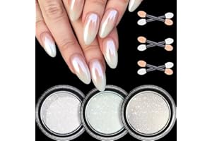 DRMODE Glassy Pearl Chrome Nail Powder - 3 Boxes Aurora Ice Transparent White Chrome Powder for Nails Glazed Donut Pearlescent Magic Nail Powder Mirror Effect Pigment Glitter