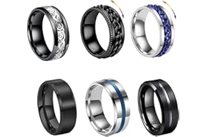 FOSLXIN 6 PCS Bague Hommes Acier Inoxydable, Argent Noir Tournante Chaîne Rock Bague, Bagues Argent Mat Poli Noeud Celtique Vintage Gothique Anneaux Mariage Promise Bande Anneau Taille