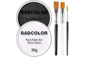BADCOLOR Halloween Schminke Weiss Schwarze Gesichtsfarbe mit 3 Pinseln, Waschbare Körperfarbe auf Wasserbasis für Theaterschminke, Schminke Karneval, Cosplay Clowns Joker