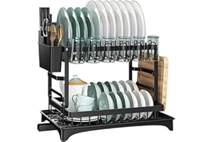 TAVADA Ociekacz do naczyń, czarny, 2-stopniowy ociekacz do naczyń ze stali nierdzewnej, z uchwytem na przybory i tacką ociekową, talerze, sztućce, drenaż, uchwyt na napoje do kuchni