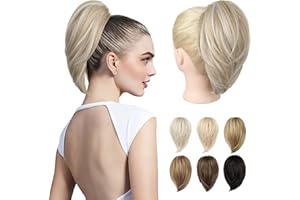 REECHO Ponytail Extension，Claw Clip Hair Bun Hair Piece Short Straight Ponytail Hair Extensions Messy Hair Bun Natural Synthetic Fake Ponytail Hair Pieces for Women- Golden Blonde with Highlights