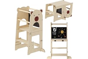 Buddy Baby Xperimenta - Torre di apprendimento Montessoriana in legno per bambini - Trasformabile in scrivania e sgabello per bambini - Torre pieghevole per la cucina con barra di sicurezza