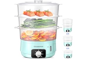 Cozeemax 13.7QT Electric Food Steamer for Cooking, 3 Tier Vegetable Steamer for Fast Simultaneous Cooking, 60 Minute Timer, BPA Free Baskets, 800W (Blue)