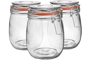 Argon Tableware Glass Jars with Airtight Metal Clip Lid - 750ml/26.4oz - 6 Pack - 4 Colour Seals - Kitchen Container Round Preserving Jar for Pickling, Chutney, Jam, Coffee