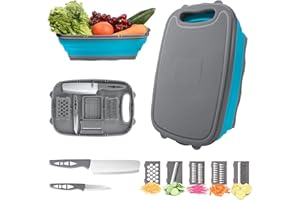 HI NINGER 9 in 1 Multifunktionales Schneidebrett – Faltbare Küchenhilfe mit 5 Gemüseschneidern, 2 Messern & Abflusskorb – Tragbares Schneidbrett aus Kunststoff für Camping, Grillen & Outdoor（BlueGray）