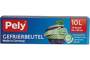 pely 8670 Gefrierbeutel, 10 Liter, 10 Beutel aus Polyethylen niedriger Dichte (LDPE), 3-lagige Folie mit verbesserter Kältelastizität, Made in Germany, Wegwerfbar, Kopffaltverschluss