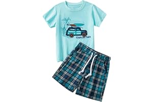 KODMNSW Bekleidungssets für Jungen T-Shirt und Shorts 2-teilig (2-13 Jahre) Sommer Tops Kurzarm Top + Kurze Kariert Strandhose Zweiteiler Kinderanzüge Geschenke für Teenager Jungen