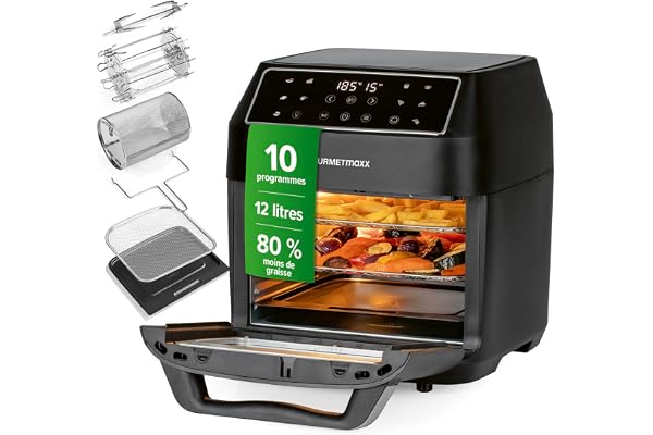 GOURMETmaxx Friteuse à air chaud 12L | Sans huile avec écran tactile, minuterie, brochettes & fonction rôtissoire | 10 programmes automatiques | Cuisson saine – idéale pour un poulet entier | 1700 W