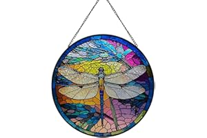 Ykendz Dragonfly Stained Glass Window Hanging,Stained Glass Panel Hanging Decorative, Window Suncatcher Decor for Bedroom Office Garden Kitchen Ornament (Dragonfly A)