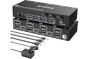 CAMGEET Switch KVM Displayport 8K 3 PC 2 monitor 8K@30Hz 4K@144Hz, Doppio monitor USB 3.0 KVM Switch Displayport 1.4 e 4 dispositivi USB 3.0 telecomando cablato e cavi inclusi