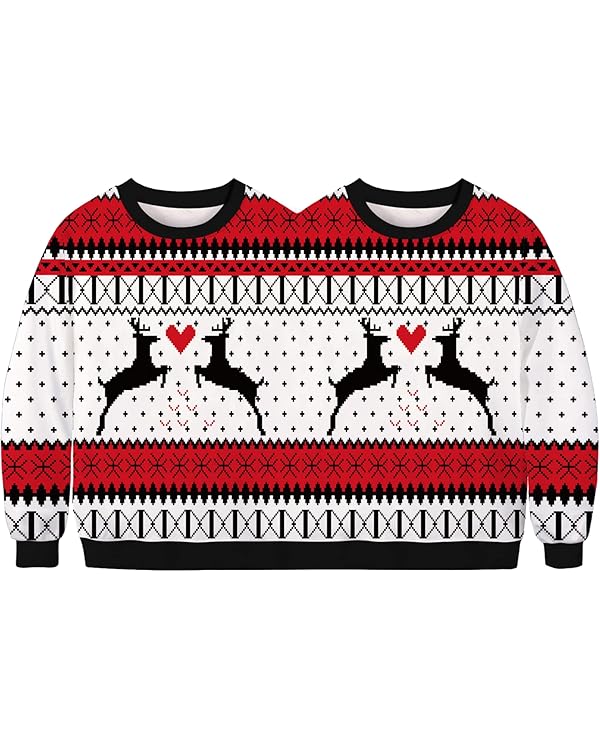 Двойно червено сърце и коледен еленски пуловер