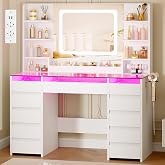 BEWISHOME Makeup Vanity with Mirror and RGB Lights,Glass Cover | Makeup Table with 11 RGB Drawers and 6 Shelves, Makeup Vanit
