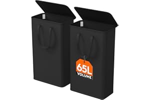 Lifewit 65L Wąski Kosz na Pranie, z Pokrywą, Wąski Składany Schowek na Ubrania z Latwymi do Przenoszenia Przedłużonymi Uchwytami, Wysokie Kosze do Pralni w Sypialni, Czarny, 2 Opakowania