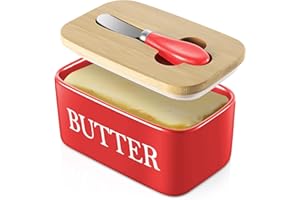 Dyserbuy Large Butter Dish with Lid and Knife, Porcelain Butter Container with Double Silicone Seals Cover, Ceramic Butter Keeper for Countertop, Perfect for East West Coast Butter, 650ml (Red)