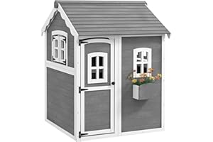 Outsunny Cabane Enfant extérieur, Maison Enfant extérieure, avec Porte, fenêtres, bac à Plantes, Plancher - en Bois dim. 104,5L x 110l x 137H cm Gris