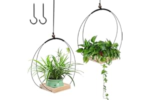 Les-Theresa 2Pcs Hanging Plant Pots Indoor Ceiling Hanging Plant Holder with Wood Base, Plant Hanger Window with 2 Hooks Plant Pot Hangers, Hanging Basket Indoor Outdoor Home Decor (Black&wooden)