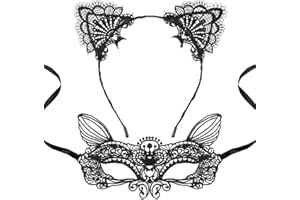 HOSHIN Cat Mask and Cat Ears Headband for Women Masquerade Masks Costume Catwoman Accessories Make Up Party Favors
