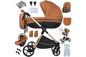 Nine point nine Kinderwagen 3 in 1, Kinderwagen Set mit Umkehrbarem Doppelschiebemodus, Kombikinderwagen 3 in 1 mit Großer Bequemer Babywanne, Kinderwagen Rahmen Aluminiumlegierung (H2 Caramel)
