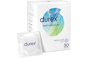 Durex Naturals, Regular Fit, 30 Condoms, Thin, Natural Rubber Latex, with Water Based Lube, Gentle Formula