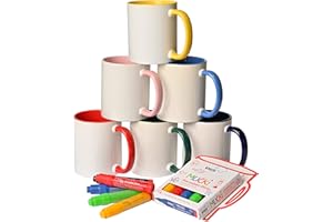 KARLAkreativ Basteltassen zum Bemalen, geeignet für Sublimation, Einzeln oder Party-Set, hochwertige Keramik, inkl. KREUL Porzellanmalstifte, ideal für Kinder und kreative Köpfe (Party-Set 6er+Stifte)