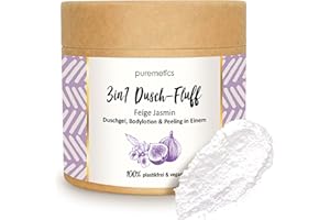 ‎PUREMETICS puremetics 3in1 Dusch-Fluff Feige Jasmin mit Meersalzpeeling, 250 g Duschgel, Peeling und Lotion in Einem, vegan & plastikfrei