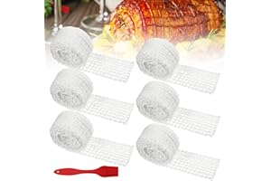 Vegena Lot de 6 rouleaux de filet à viande - Filet à jambon - 3 m - Filet de fumage avec brosse à huile - Filet à jambon élastique - Filet à viande pour jambon et saucisse - Accessoires de cuisson