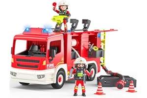 Coroiesty Feuerwehrauto Spielzeug ab 4 Jahre, Große Feuerwehrwagen mit 2 Feuerwehrleuten & Werkzeug, Licht & Sirene, pädagogisches Rettungsfahrzeug für Kinder Jungen Mädchen