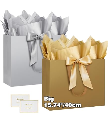 HONTIUS 15.75'' Sacchetti Regalo, Sacchetto Regalo Grande Grandi Medie con Carta Velina e Carte,40 * 30 * 12.5cm Borsa Regalo Compleanno per Bambini Donne Ragazze Nozze Natale 2 Pezzi K