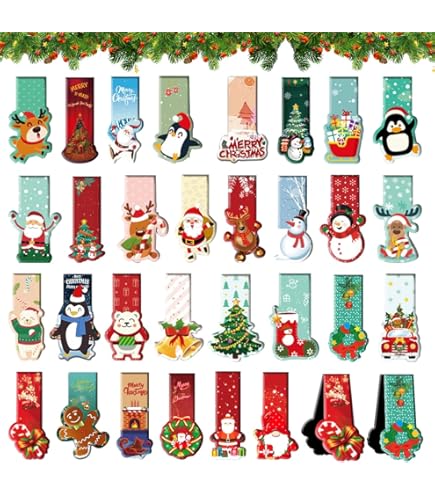 30 Stuks Kerst Magnetische Boekbladwijzers Tags, NDLT Schattige Magneet Bladwijzers met Kerstman Sneeuwpop Rendier Kerstboom Patroon voor Vrouwen Mannen Kinderen Boekenliefhebbers, Kerstmis Nieuwjaars