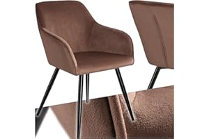 tectake® moderner Esszimmer Stuhl mit Armlehnen, Sitzfläche aus Samt, Armlehnstuhl, Sessel Wohnzimmer, gepolsterter Office Chair mit schwarzen Metallbeinen, Schminktisch Stuhl - braun/schwarz
