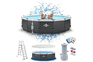 Dardaruga Piscina fuera de tierra Ø 488 x 132 cm + escalera + lona cubierta + lona base + bomba filtro ahorro energético + 2 cartuchos de filtro, mod. Maui, marca y asistencia italiana, materiales