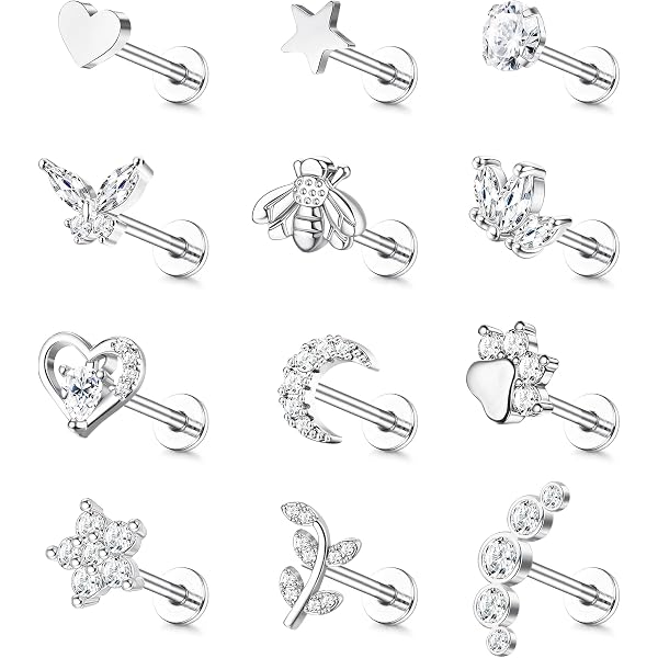 JeweBella 12PCS 16G Orecchini Cartilagine Acciaio Chirurgico per Donna Tragus Piercing Zirconia Farfalla Orecchini Set Labret Naso Couch Daith Helix Orecchio Gioielli Argento/Oro