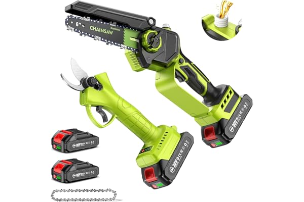 Supstable Mini Motosierra a Batería 6 Pulgadas & Tijeras de Podar Eléctricas 33 mm, 2-en-1 Kit Herramientas de Jardín con 2 × 2000 mAh Baterías, Motor Brushless, Ideal para Corte de Troncos y Ramas