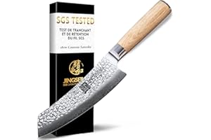 Jingseiho Couteau Santoku En Véritable Damas VG-10 À 67 Couches De 18 cm, Tranchant et Tenue De Coupe Certifiés Par SGS, Manche Ergonomique Équilibré, Idéal Pour La Maison et Les Cadeaux