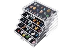 Dmnnlp Rock Display Case, 5 Drawers 90 Grids Acrylic Rock Collection Box, Storage Cases for Small Rocks Gemstone Fossil Crystal Stone Jewellery Collectibles (Black)