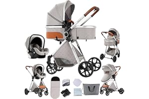 Veitoalioy Kinderwagen 3 in 1, Bequemer Multifunktionaler Kombikinderwagen 3 in 1 Komplettset, Aluminium Hohe Landschaft Babywagen, Faltbarer Kinderwagen Set (V9 Light Grey)
